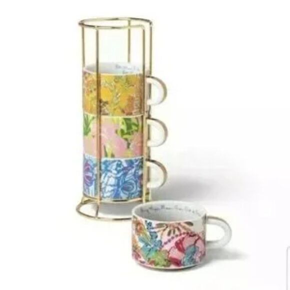 Lilly Pulitzer X Target Four Colorful Stacking Espresso Coffee Cups W/ Caddy NWT - Picture 1 of 16
